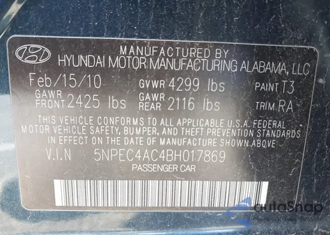 2011 Hyundai Sonata Se z USA, uszkodzony, nr VIN 5NPEC4AC4BH017869